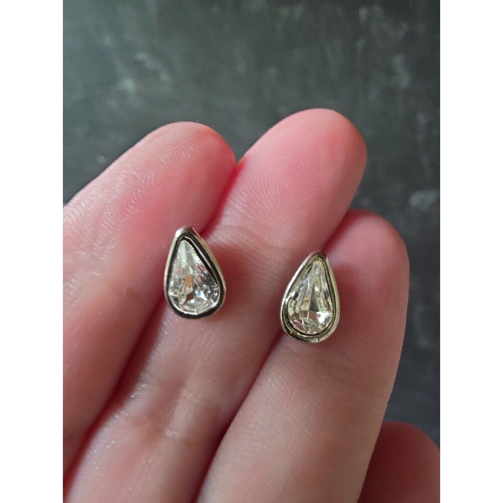 Teardrop Shaped Clear Rhinestone Silver Tone Metal Stud Earrings Vintage READ